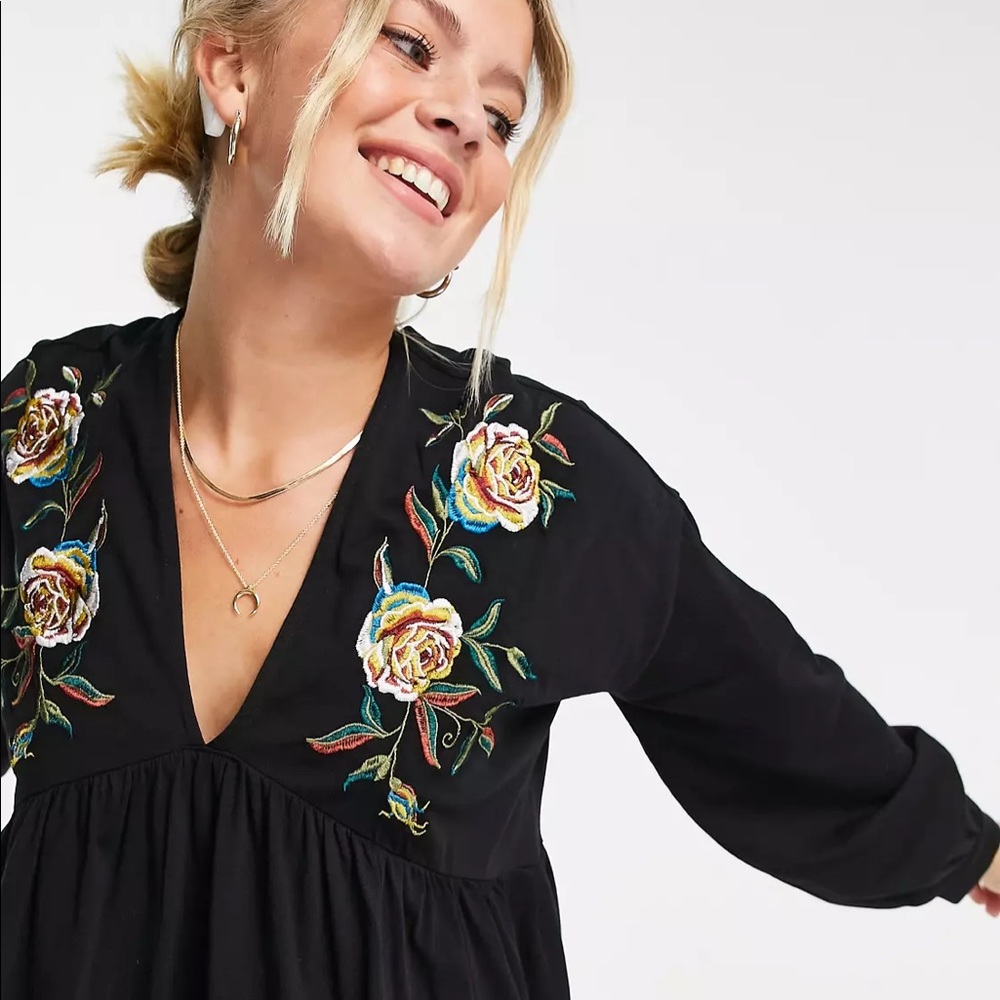 ASOS Maternity Black Dress with V Neck & Floral Embroidery | Size 8